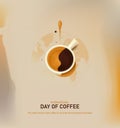 International Coffee Day vector illustration. Features a cup of coffee, and world map background Royalty Free Stock Photo