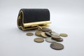 International coins and black wallet, pocket Royalty Free Stock Photo