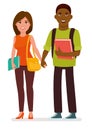 International couple of students with books and school bags in a white background. Cartoon vector character illustration