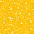 International currencies coins seamless pattern. Attractive scattered Global coins. Big win or succe