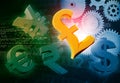 International currencies and gears Royalty Free Stock Photo