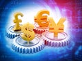 International currencies and gears Royalty Free Stock Photo