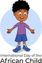 International Day of African child. cartoon smiling Happy flat child in purple t-shirt and blue shorts from UAE, Qatar