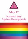 International Day Against Homophobia, May 17. Rainbow flag, representing LGBT pride. lesbian, gay, bisexual, and transgender. LG