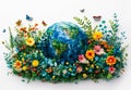 Global Biodiversity: Earth\'s Floral and Faunal Harmony. Flowery and diverse world map with a variety of animals and plants.