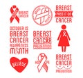 International Day of Breast Cancer Awareness. Set of vector ribbons and badges. Symbols of hope, charity and support