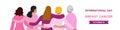 International Day of Breast Cancer. October 19. Group of five women embracing of different ages dressed in pink. Horizontal banner