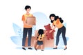 International day of charity. A woman gives a teddy bear to a child. Young man holding a box for charity. Vector illustration