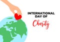 International day of charity banner poster on september 5 th with hand give love symbol in earth globe on white background