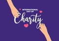 International day of charity banner poster on september 5 th with two hands and love symbol on purple background