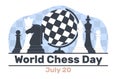 International Day of Chess, chess pieces and globe in form of chessboard. Professional international championship or