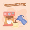 International day of coffee, machine cup and kettle pouring beverage