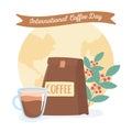 International day of coffee, package cup and branches with seeds world background Royalty Free Stock Photo
