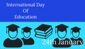 International Day Of Education illustration on blue background with students,books icon and copy space.