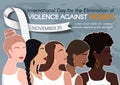 International Day for the Elimination of Violence Against Women poster. Women of different ethnic groups together.