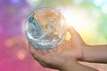 International Day of Forests and earth day concept. Hands holding blue earth globe in business hands on green blurred background Royalty Free Stock Photo