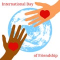 International Day of Friendship. 30 July. Hands of people of different nationalities. They stretch out to each other, give heart. Royalty Free Stock Photo