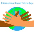 International Day of Friendship. 30 July. Hands of people of different nationalities. They stretch to make a handshake. Planet Ear Royalty Free Stock Photo