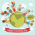 International Day of Friendship. Vector illustration for holiday. Children hold hands and smile.