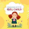 International Day of the girl child background with curly red hair little girl hugging heart Royalty Free Stock Photo