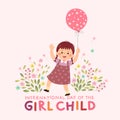 International Day of the girl child background with a little girl holding a pink balloon