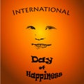 International Day of Happiness - vector concept illustration with smiley child on sunset background. For card, logo