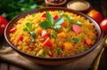 Nowruz, traditional Iranian and Turkic cuisine, national Uzbek pilaf, with pieces of vegetables and herbs,