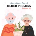 International day of Older Persons. Greeting card with Old people. Senior happy couple. Grandparents with flowers for