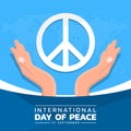 International day of peace banner with hand hold care circle peace sign and abstract dot world map texture blue background vector Royalty Free Stock Photo