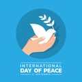 International day of peace banner - hand hold care white dove with olive leaf in circle blue background vector design