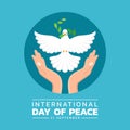 International day of peace banner - hand hold care white dove with olive leaf in circle blue background vector design