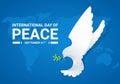 International day of peace banner with white dove with leaf on blue world map background vector design Royalty Free Stock Photo