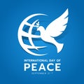 International day of peace banner with white dove of Peace and world sign on blue background vector design Royalty Free Stock Photo