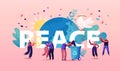 International Day of Peace Concept. Tiny Characters Hugging, Throw Out Gun to Litter Bin around of Earth Globe Royalty Free Stock Photo