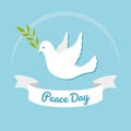 International Day of peace. Dove of peace with olive branch on blue background. Postcard, poster or web banner template.