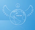 International Day of Peace. Earth globe with dove wings and peace symbol.