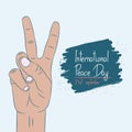 International Day of Peace - poster template. Card of September 21. Hand gesture with two fingers. Vector.