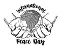 International day of peace- template poster, banner. Globe in hands. Two palms hold the Earth.Hand drawn black and white Royalty Free Stock Photo