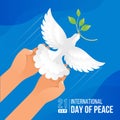 International day of peace - top view hands releasing dove of peace flying into the air on blue background vector design