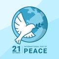 International day of peace - white bird dove flying and hold leaf sign on circle globe world vector banner design