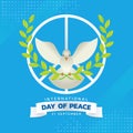 International day of peace - white dove of peace flying and hold olive wreath and circle peace sign around on blue background