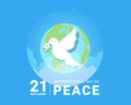 International day of peace - white dove with leaf sign and earth world on blue background vector design