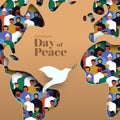 International day of peace. World map, diverse people and dove symbol in papercut card design Royalty Free Stock Photo