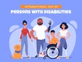International day of persons with disabilities. Social poster, smiling people, wheelchair and prosthesis, blindness