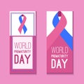 International day of premature babies. Set of vertical banners with festive pink blue ribbon with the inscription. Object isolated Royalty Free Stock Photo