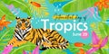 International Day of the Tropics. Bright color banner with tiger, jungle, palm and banana leaves on blue background. Digital