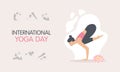 International day of yoga. 21st of June. Woman in lotus position with lotus flower. Different yoga poses. Vector