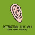 International deaf day green concept background, hand drawn style