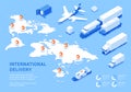 International delivery transportation global map location isometric banner vector illustration