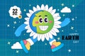 International Earth Day. Earth flower wears trendy sneakers. Cartoon cute smile earth planet character. World